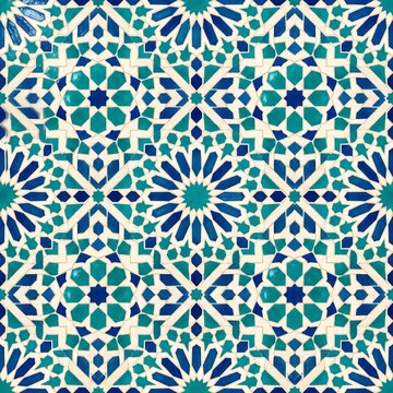 Traditional islamic geometric tile pattern with blue, turquoise, and white mosaic ceramic tiles