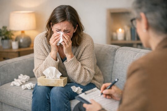 A person sitting on a couch with a tissue, blowing their nose