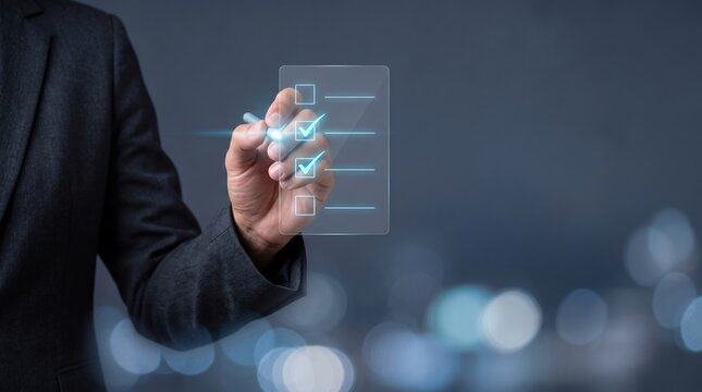 Businessman hand checking digital checklist with futuristic interface against a blurred city background