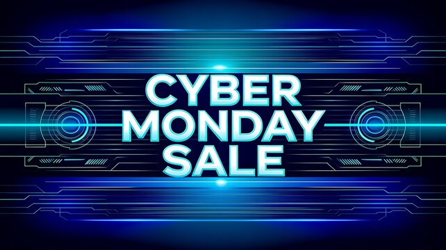 Cyber monday sale banner with glowing blue digital technology background and abstract light effects