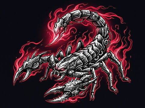 Mechanical scorpion robot with red energy background in sci-fi style