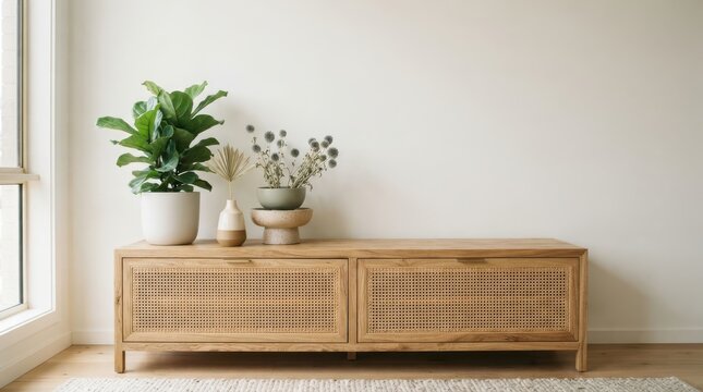 Modern wooden media console with rattan doors and minimalist decor