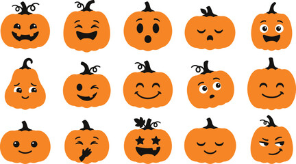 Fototapeta premium Set of cute cartoon pumpkins with various funny facial expressions for halloween celebration and autumn season design