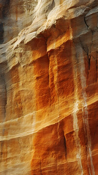 Sandstone cliff displays intricate layers of orange and cream mineral deposits formed over centuries.