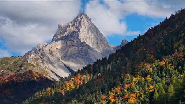 Mountain peak (Tete de Vacheres) and forest of Devoluy Massif, French Alps. Aerial autumn view in La Jarjatte Valley, Vercors Natural Park, Drome, France