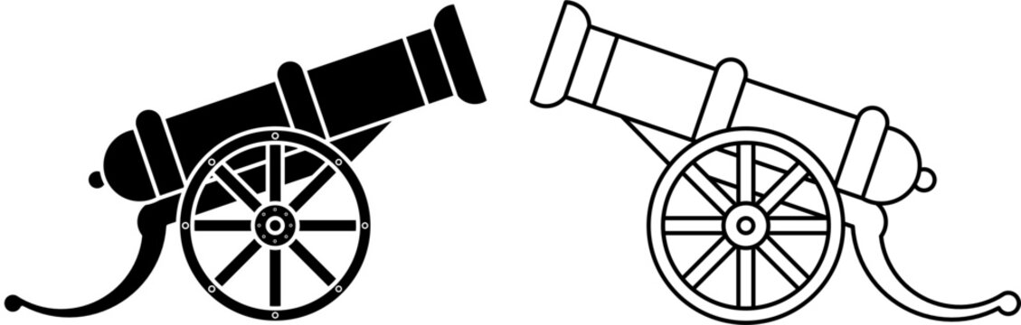cannon icon set also known as cannone,large tube, canna,kanna,reed,cannons.vector illustration cannon in outline,silhouette with wheels and barrel.for military, artillery, war, heritage,logo design