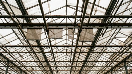 Fototapeta premium Dense truss and grid roof of an industrial greenhouse showing metal beams glass panels and skylights for architectural background and structural pattern study