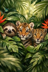 Fototapeta premium Jungle animals amidst lush foliage