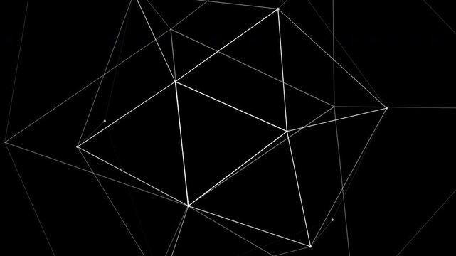 Abstract 4K animation featuring nested wireframe icosahedrons rotating in opposite directions, with depth-based brightness and perspective creating a dimensional geometric effect on a black background