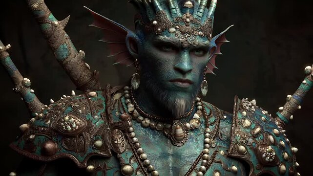 Fantasy, mysterious, wallpaper. A detailed digital artwork depicts a fantastical creature with intricate, ornate armor. The creatures skin is a vibrant turquoise, and its eyes are a deep.