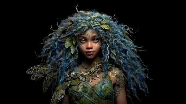 Fantasy, mysterious, wallpaper. A detailed digital portrait of a woman with a fantastical and ethereal appearance. Her hair is a vibrant bluegreen, cascading down her back.