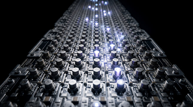 Circuit board featuring a dense array of illuminated electronic components and glowing light-emitting diodes stretches into the darkness to represent advanced computational hardware systems.