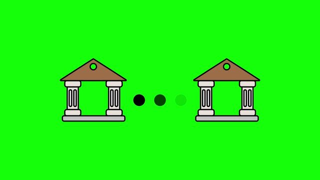Professional Minimalist Motion Graphics of Bank Transfer and Financial Transaction Showing Money or Data Flow Between Two Banking Buildings with Animated.