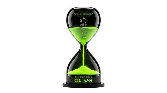 A sleek electronic hourglass timer with green sand and digital display on transparent background Typical brazilian food,