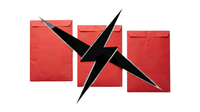A bold black lightning bolt graphic superimposed over three red envelopes on transparent background Typical brazilian food,