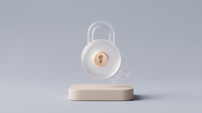 Modern 3D Illustration of Elegant Transparent Padlock with Key on Simple Background