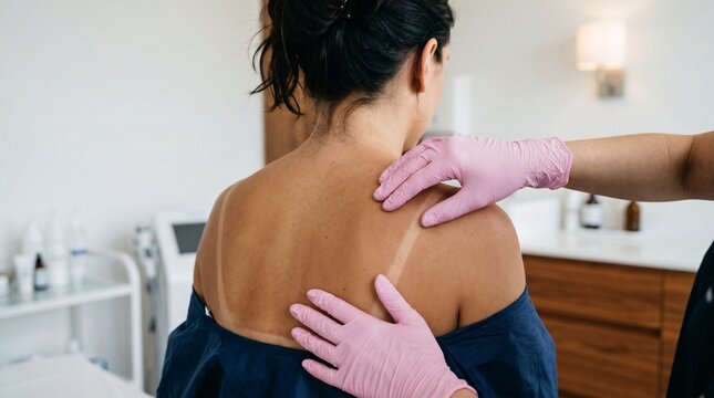 Dermatologist in pink gloves examining bra strap tan lines and sun damaged skin on female patient back during clinic consultation