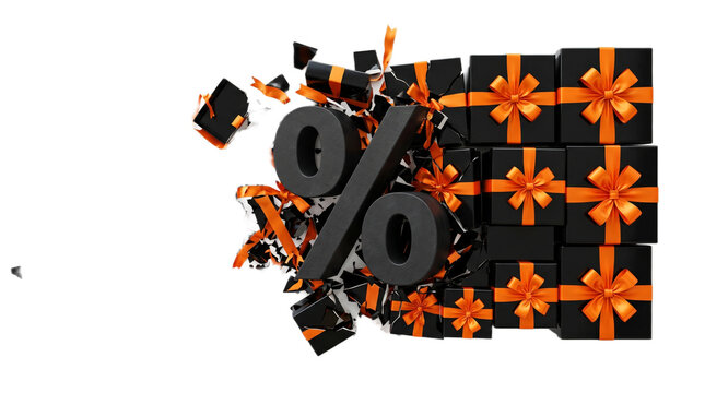 A pile of black gift boxes with orange ribbons and a large percent sign on a transparent background Typical brazilian food,