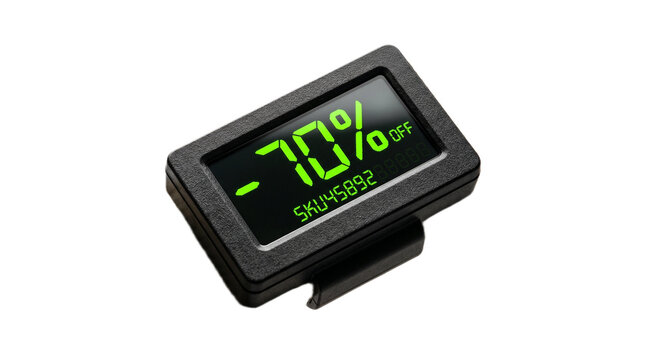 A small black electronic discount label with green text on transparent background Typical brazilian food,