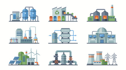 Fototapeta premium Industrial Factory Building Set with Power Plant and Sustainable Energy Facilities
