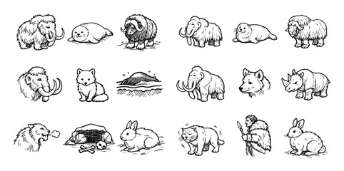 Obraz premium Ice age and prehistoric wildlife vector icons with mammoth, seal and ancient man for infographic design in illustration style