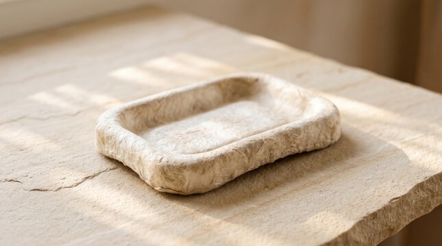 Minimalistic Natural Stone Tray on a Light Wooden Surface with Soft Light Accents
