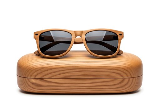 Wooden sunglasses on tan case