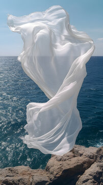 Fabric white curtain flows gracefully in the wind above a rocky cliff overlooking the deep blue ocean waters during a bright sunny afternoon by the coast.