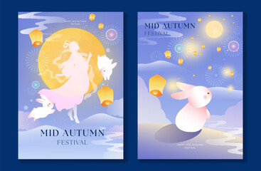 Plakat Mid Autumn Festival poster templates vector. Asian moon celebration designs with rabbit, lantern, clouds and floral elements for greeting card, banner, invitation and social media.
