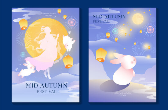 Mid Autumn Festival poster templates vector. Asian moon celebration designs with rabbit, lantern, clouds and floral elements for greeting card, banner, invitation and social media.