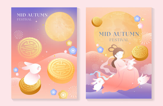 Mid Autumn Festival poster templates vector. Asian moon celebration designs with rabbit, lantern, clouds and floral elements for greeting card, banner, invitation and social media.