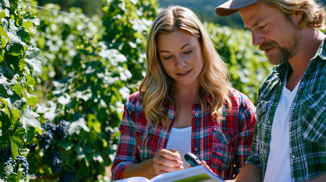 Harvest timing specialist consulting phenology calendar and refractometer sugar readings in sun-drenched vineyard, winemaker couple dynamic discussing optimal pick window beside vine rows heavy with
