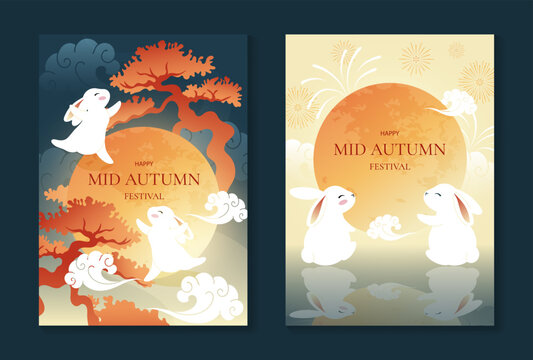 Mid Autumn Festival poster templates vector. Asian moon celebration designs with rabbit, lantern, clouds and floral elements for greeting card, banner, invitation and social media.