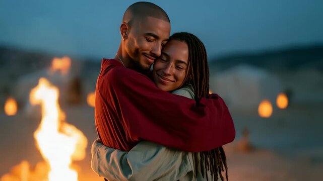Couple holding each other close by firelight at dusk camp