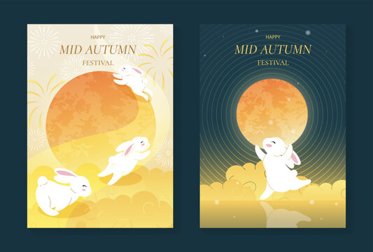 Mid Autumn Festival poster templates vector. Asian moon celebration designs with rabbit, lantern, clouds and floral elements for greeting card, banner, invitation and social media.