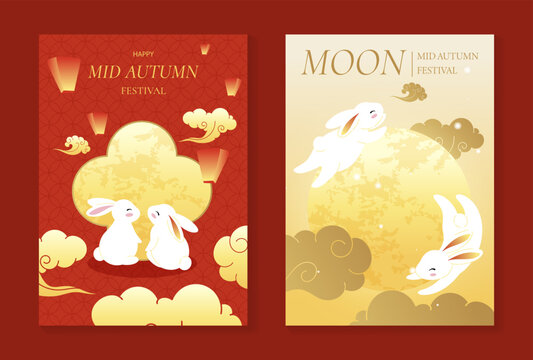 Mid Autumn Festival poster templates vector. Asian moon celebration designs with rabbit, lantern, clouds and floral elements for greeting card, banner, invitation and social media.