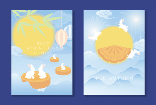 Mid Autumn Festival poster templates vector. Asian moon celebration designs with rabbit, lantern, clouds and floral elements for greeting card, banner, invitation and social media.