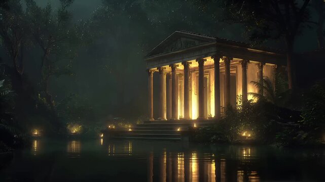 Lost ancient civilization archeology fantasy. A mystical, atmospheric portrayal of a classical temple situated in a serene forest at night. The temple is illuminated by soft, golden light.