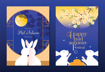 Fototapeta na wymiar Mid Autumn Festival poster templates vector. Asian moon celebration designs with rabbit, lantern, clouds and floral elements for greeting card, banner, invitation and social media.