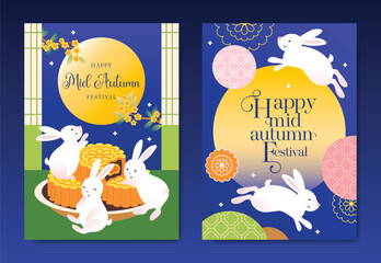 Fototapeta na wymiar Mid Autumn Festival poster templates vector. Asian moon celebration designs with rabbit, lantern, clouds and floral elements for greeting card, banner, invitation and social media.