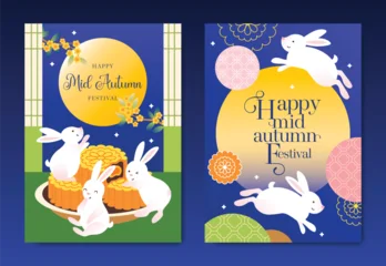 Fotobehang Berken Mid Autumn Festival poster templates vector. Asian moon celebration designs with rabbit, lantern, clouds and floral elements for greeting card, banner, invitation and social media.  © TWINS DESIGN STUDIO