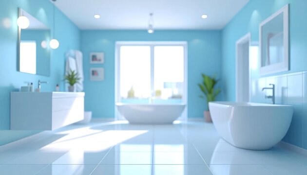 Contemporary white bathroom with freestanding tub and blue walls.