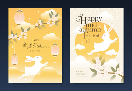 Mid Autumn Festival poster templates vector. Asian moon celebration designs with rabbit, lantern, clouds and floral elements for greeting card, banner, invitation and social media.