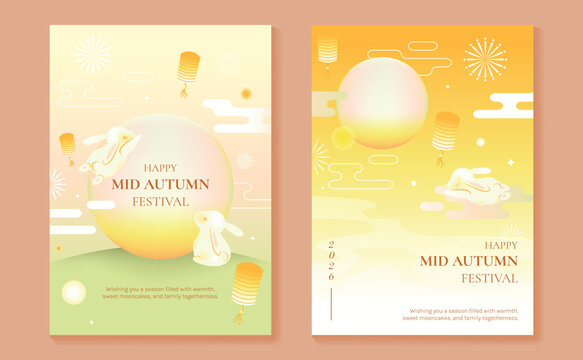 Mid Autumn Festival poster templates vector. Asian moon celebration designs with rabbit, lantern, clouds and floral elements for greeting card, banner, invitation and social media.