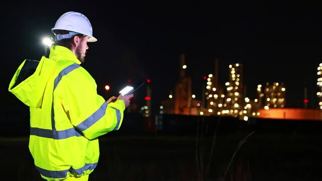Male engineers gas separation plants and petrochemical plants stand working during the night shift holding tablets check data and plan engineering work amidst the brightly energy industrial structure.