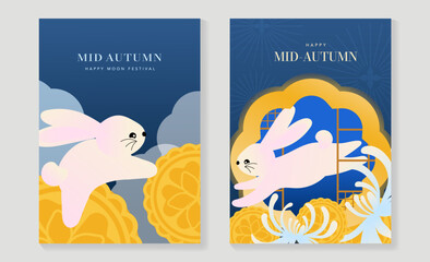 Naklejka na ściany i meble Mid Autumn Festival poster templates vector. Asian moon celebration designs with rabbit, lantern, clouds and floral elements for greeting card, banner, invitation and social media.