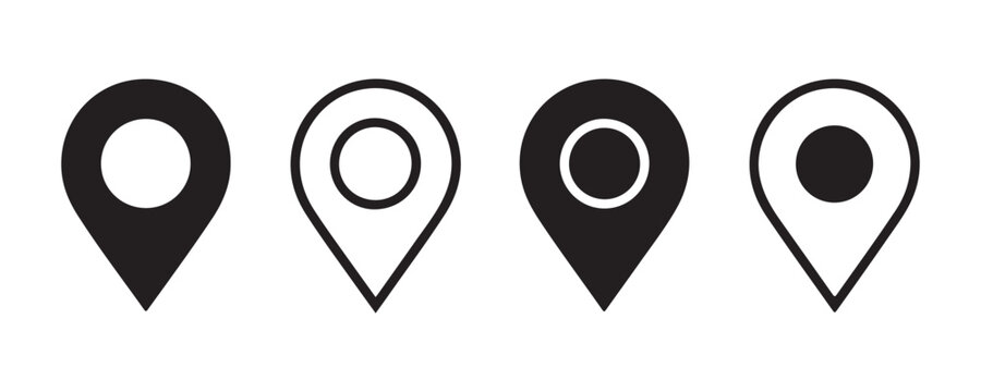 Navigation location pin symbols set featuring various styles for maps and positioning application.