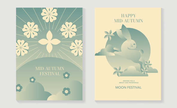 Mid Autumn Festival poster templates vector. Asian moon celebration designs with rabbit, lantern, clouds and floral elements for greeting card, banner, invitation and social media.