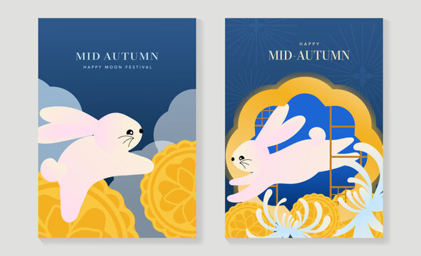 Mid Autumn Festival poster templates vector. Asian moon celebration designs with rabbit, lantern, clouds and floral elements for greeting card, banner, invitation and social media.