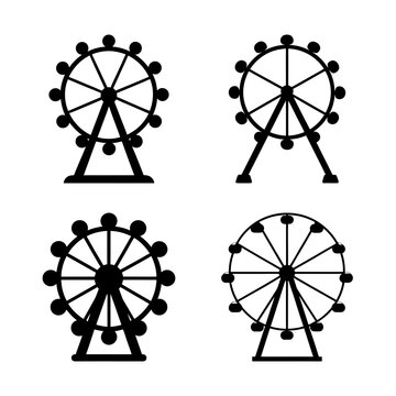 Ferris wheel icon set with four different styles - Four stylized Ferris wheel icons in black and white vector format, each with unique design variations for versatile graphic use.